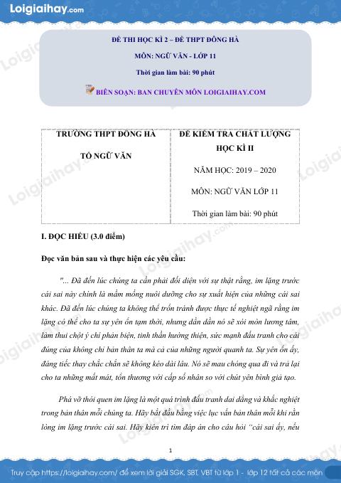 Giải đề thi kì 2 Ngữ văn lớp 11 năm 2019 - 2020 trường THPT Đông Hà